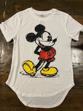 Disney White Tee with Classic Black, Red and Yellow Mickey Graphic
